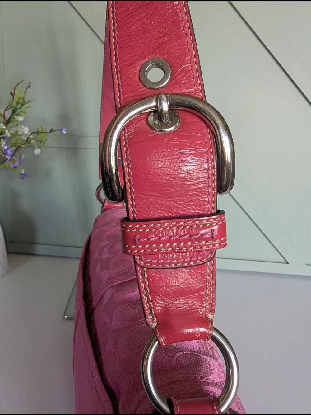 Coach Pink Signature Shoulder Bag with Buckle and Charm